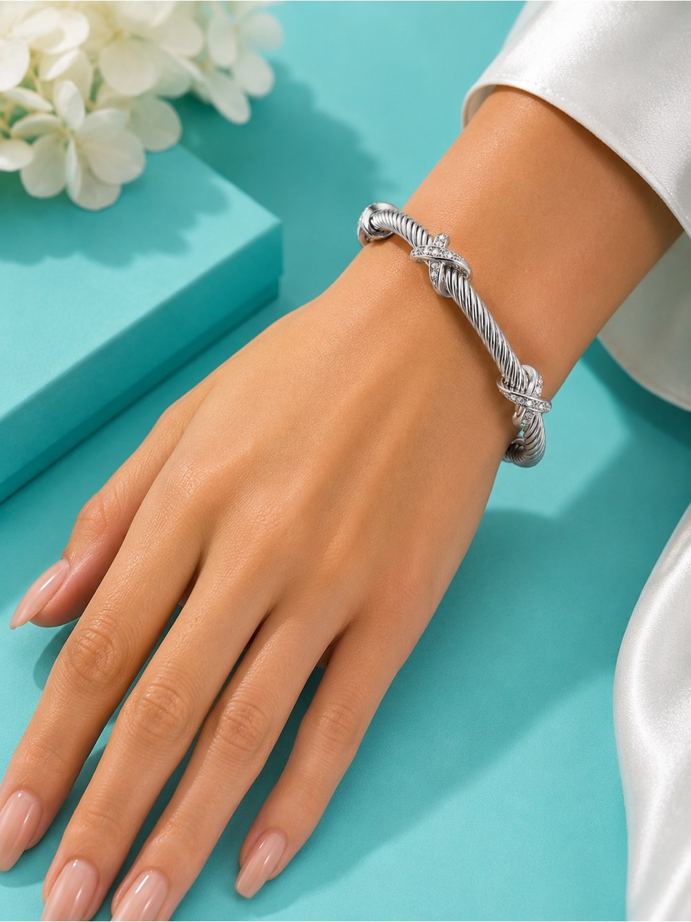Silver Twisted Cable Cuff Bracelet with Crystal Accents